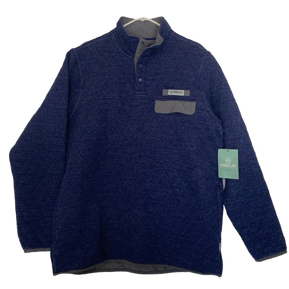 Magellan Men's Lg Blue Cotton Quarter Snap Long Sleeve Stand UP Collar Quilted